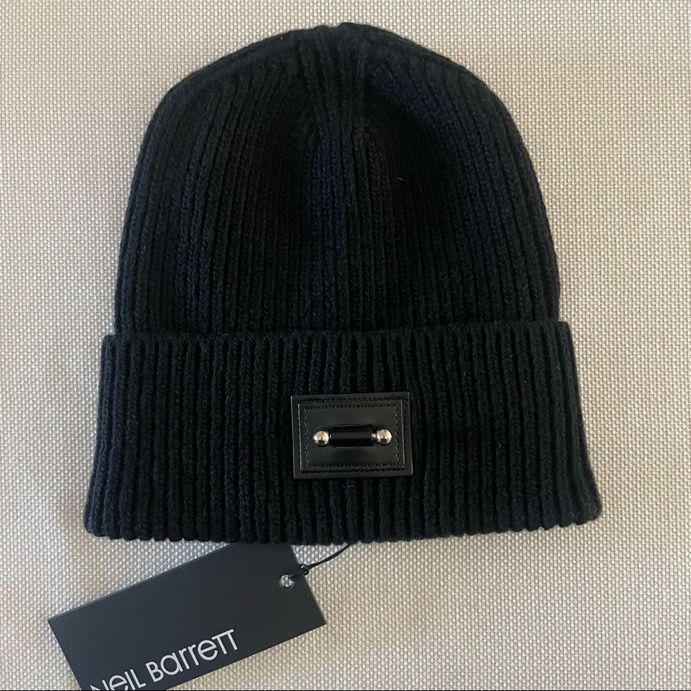 Neil Barrett Pierced Leather Wool Beanie Hat - OS Made In Italy